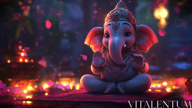 3D chibi Ganesha idol on ritual mat with bokeh lighting.
