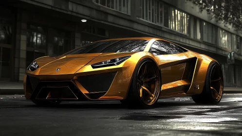 Low-angle render of metallic gold hypercar with reflective wet asphalt
