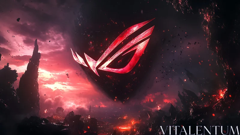 Red emblem over fractured dystopian landscape at dusk.