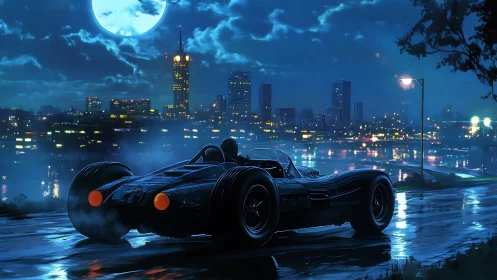 Midnight retro roadster overlooking neon river skyline.