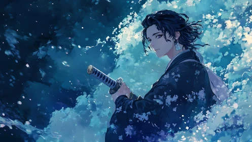 Samurai swordsman in teal bokeh field with dynamic atmospheric particles