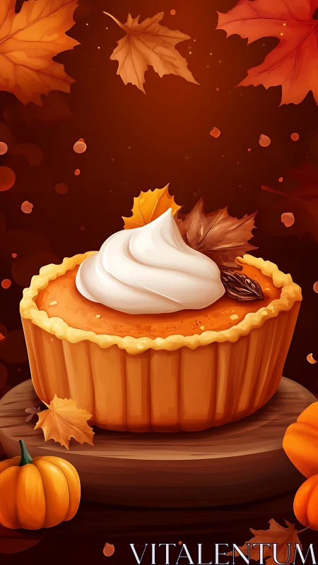 Pumpkin tart with cream topping amid scattered autumn leaves.