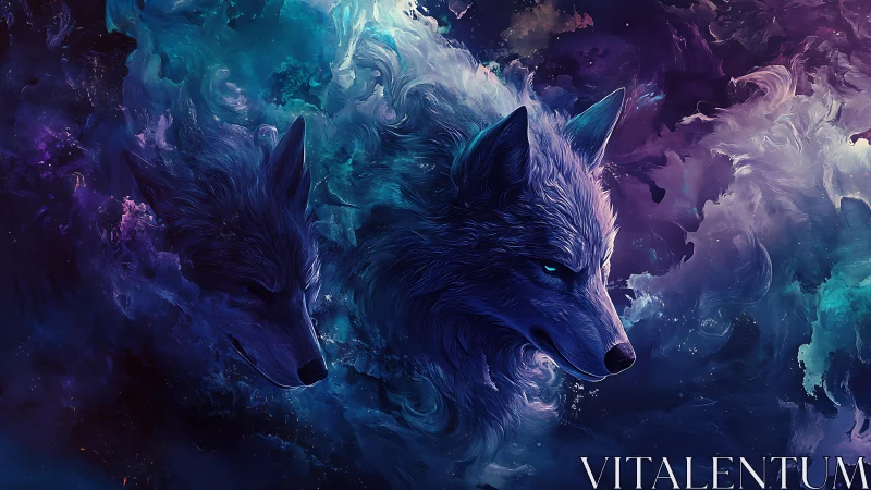 Cosmic wolf spirits drift calmly through swirling nebula clouds