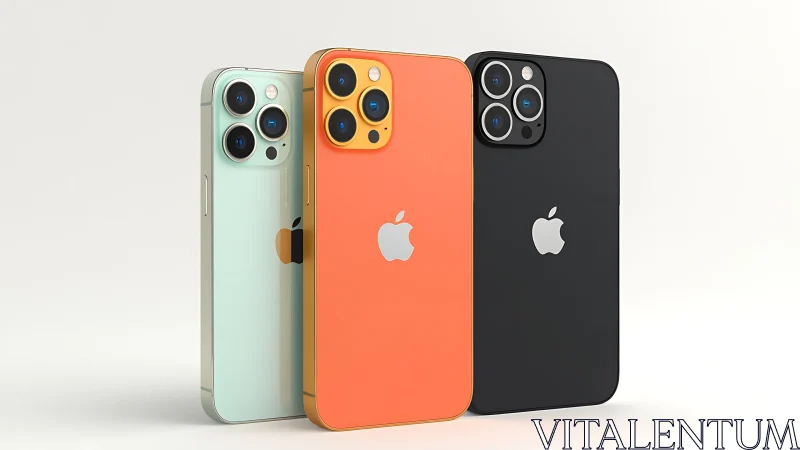 Three iPhone 12 Pro models in mint, coral, and black finishes.