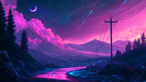Neon dusk highway beneath a crescent moonlit cosmic sky.