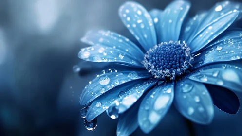 Blue daisy with water droplets glistens in soft focus light.