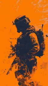 Silhouetted tactical soldier artwork on bold orange field.