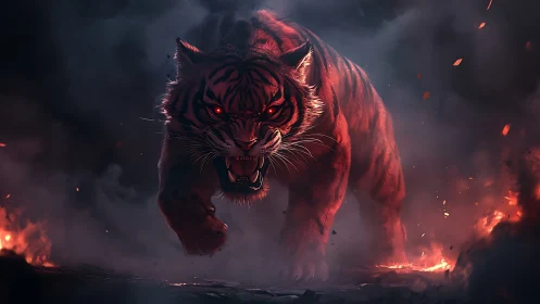 Infernal tiger charges through embers and swirling smoke.