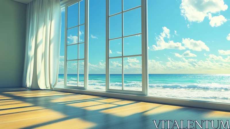 Sunlit coastal room overlooks bright turquoise ocean waves
