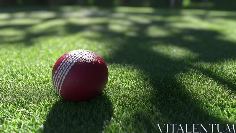 Red cricket ball rests on textured sunlit grass field.