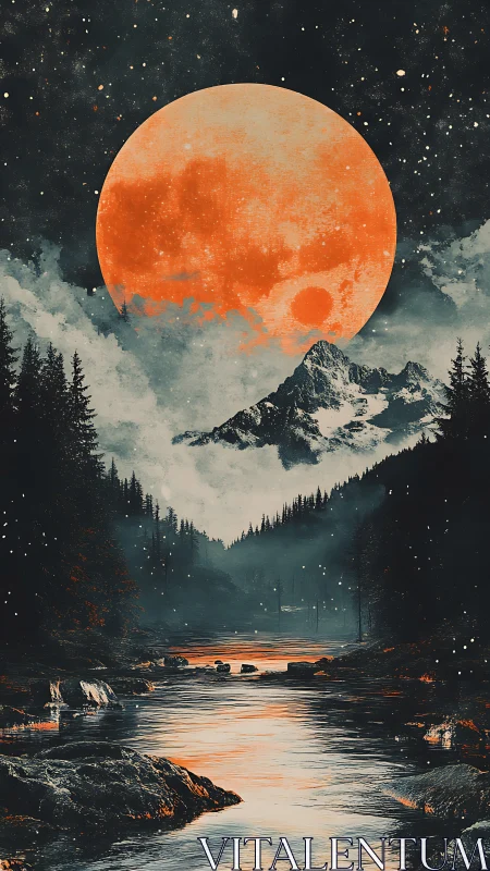 Moonlit river glows softly beneath a towering orange moon