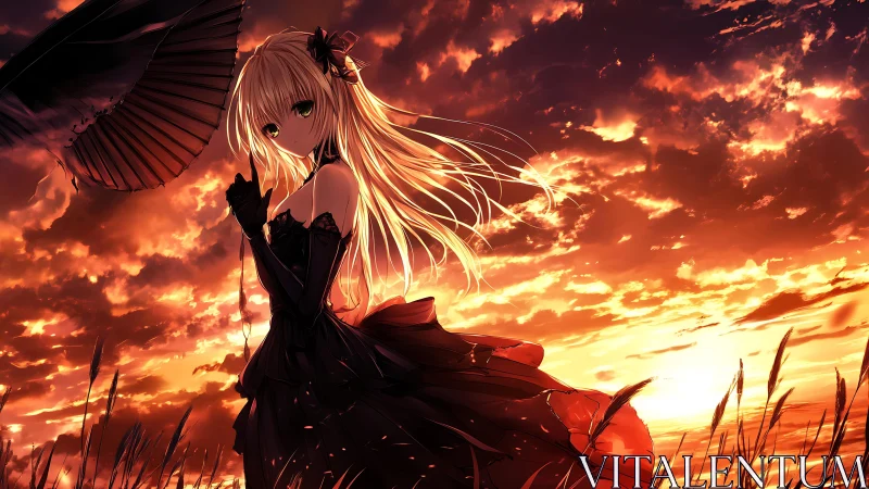 Gothic parasol silhouette against volumetric sunset skyfield.