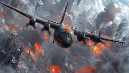 Military transport plane dives low over burning war cityscape