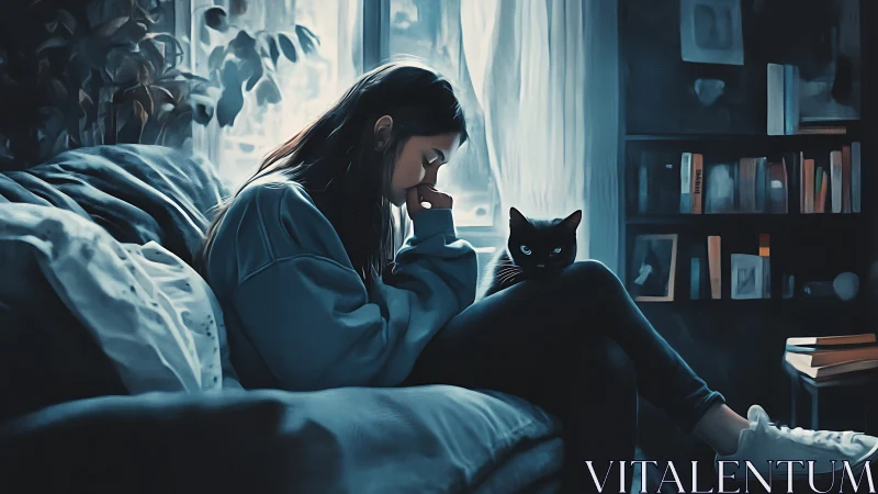 Young woman sits on sofa with black cat in dim blue room