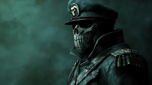 Skull-masked military officer in dark uniform profile view.