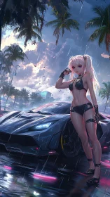 Rain-soaked city street with sports car and anime figure.