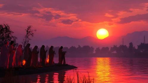 Riverbank silhouettes trade prayers with a blazing crimson sun