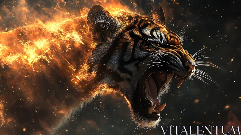 Hyperreal flaming tiger head render with dynamic ember trails