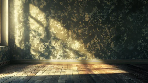 Sunlit textured wall with warm wooden floor reflections.