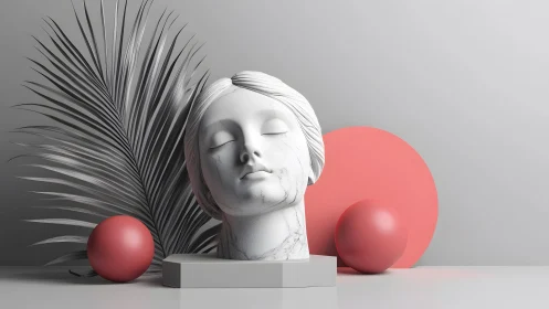 Marble Bust with Palm Leaf and Coral Spheres in Minimalist Style.