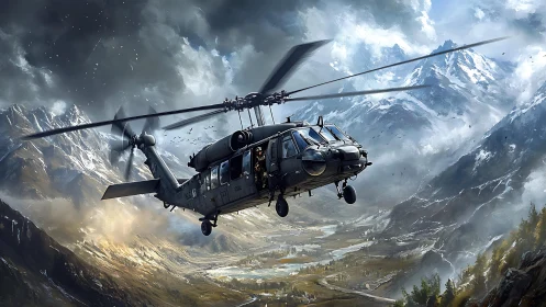 Military helicopter skims dramatic snow-capped mountain valley.