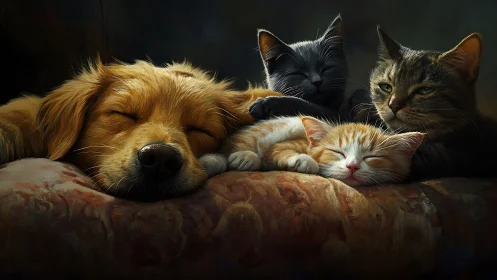 Peaceful Companions: Dog and Cats Resting Together.