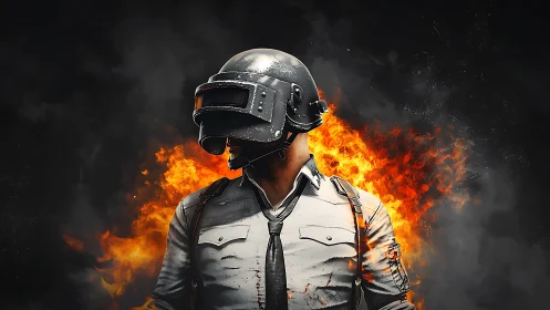 Flame-lit battle hero in helmeted armor strides forward.