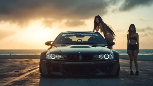 Modified BMW coupe with two women posing at seaside sunset