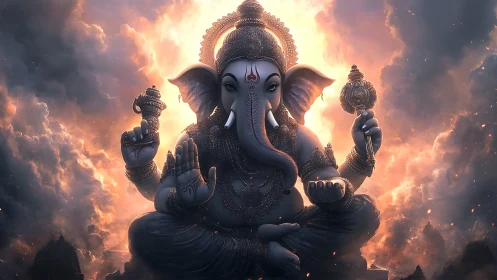 Divine Ganesha statue radiates light amid stormy celestial clouds