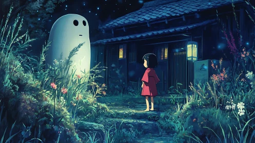 Girl meets glowing forest spirit at lantern-lit house.