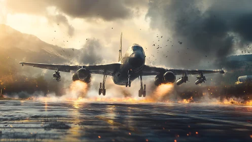 Strike jet roars through firestorm over blazing runway.