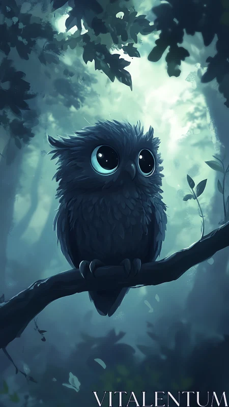 Small stylized owl sits on a branch in a dim forest