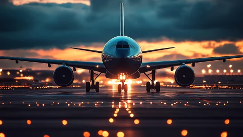 Photorealistic airliner on runway axis at sunset alignment.