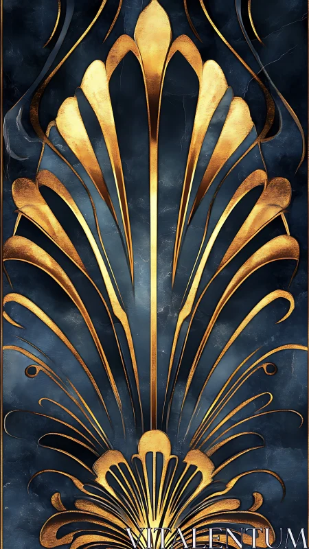 Golden Art Deco flourish rises over deep blue background.