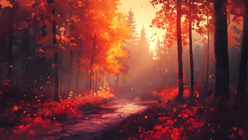 Illuminated forest path rendered in warm color gradients