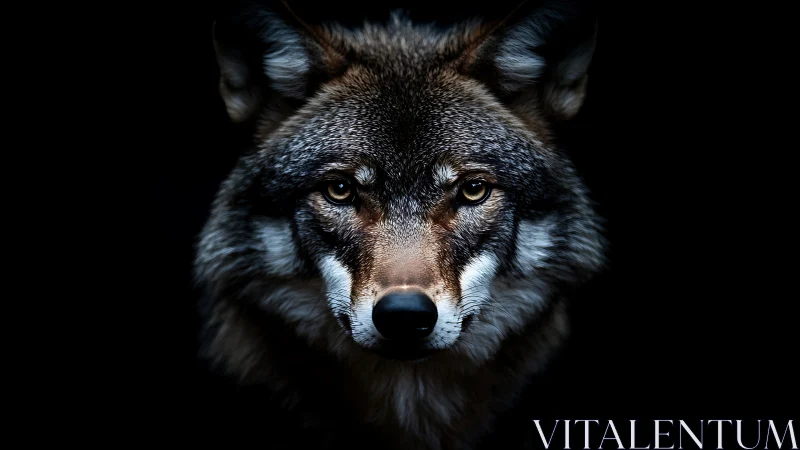 Wolf portrait emerges from darkness with piercing gaze