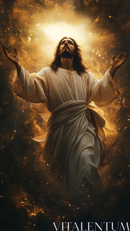 Radiant robed figure ascending in glowing golden light.