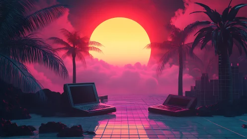 Neon tropical synthwave sunset with silent retro computers.