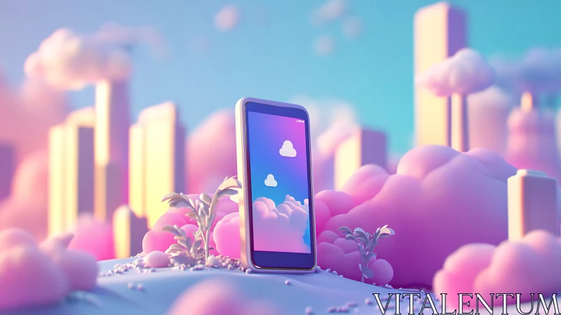 Smartphone stands in stylized cloudscape with soft city forms