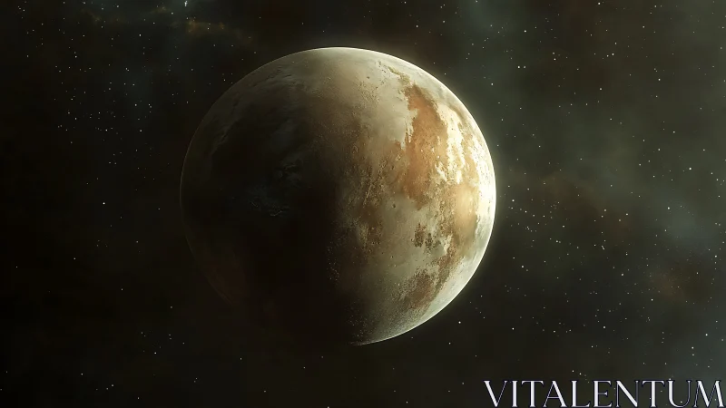 Desolate exoplanet floats in a dim, dust-filled starfield.