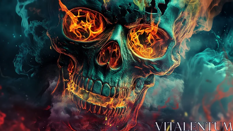 Fiery skull spirit glowing within swirling cosmic smoke.