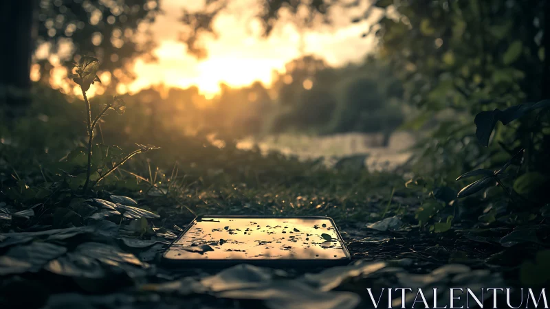 Forgotten smartphone in forest path reflecting sunset glow.