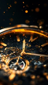 Macro luxury watch dial with molten gold sparks in motion.