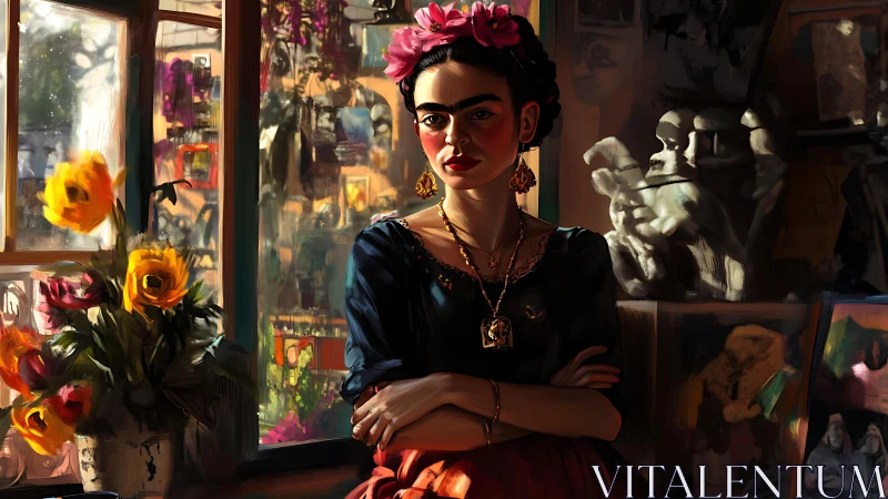 Woman with flowers in hair in dim artist studio interior.