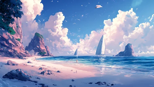 Cloud-kissed sailing daydream along a luminous pastel shore.