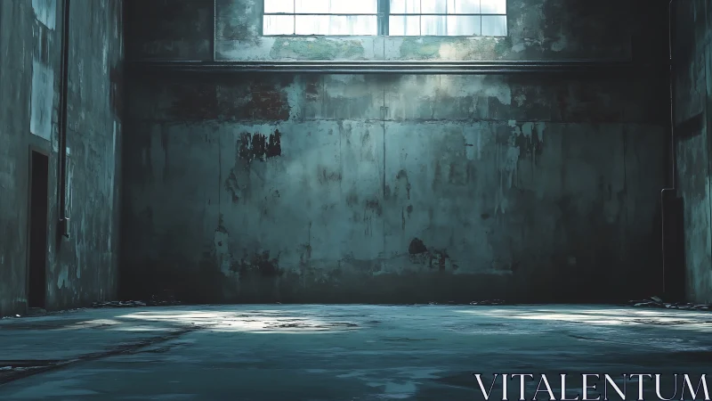 Industrial hall interior with cold cyan volumetric daylight.