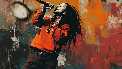 Vocalist with dreadlocks on abstract graffiti stage backdrop.