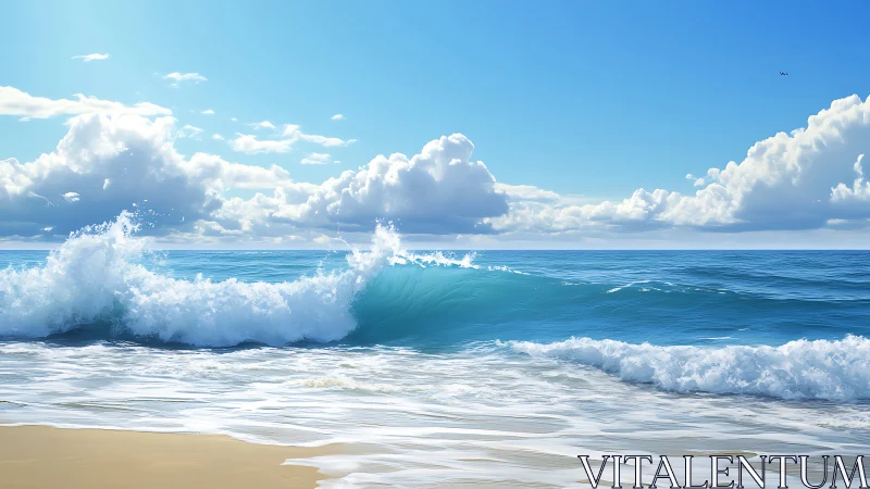 Calm shoreline with breaking wave under blue sky.