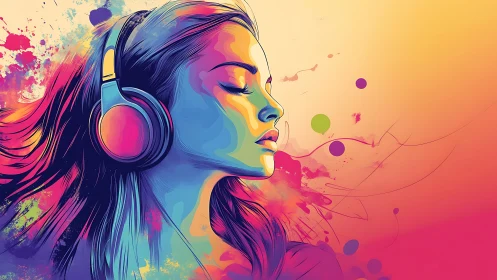 Colorful daydream with headphones and flowing music hues.
