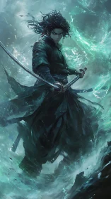 Elemental vortex swordsman in dynamic aqueous turbulence field.